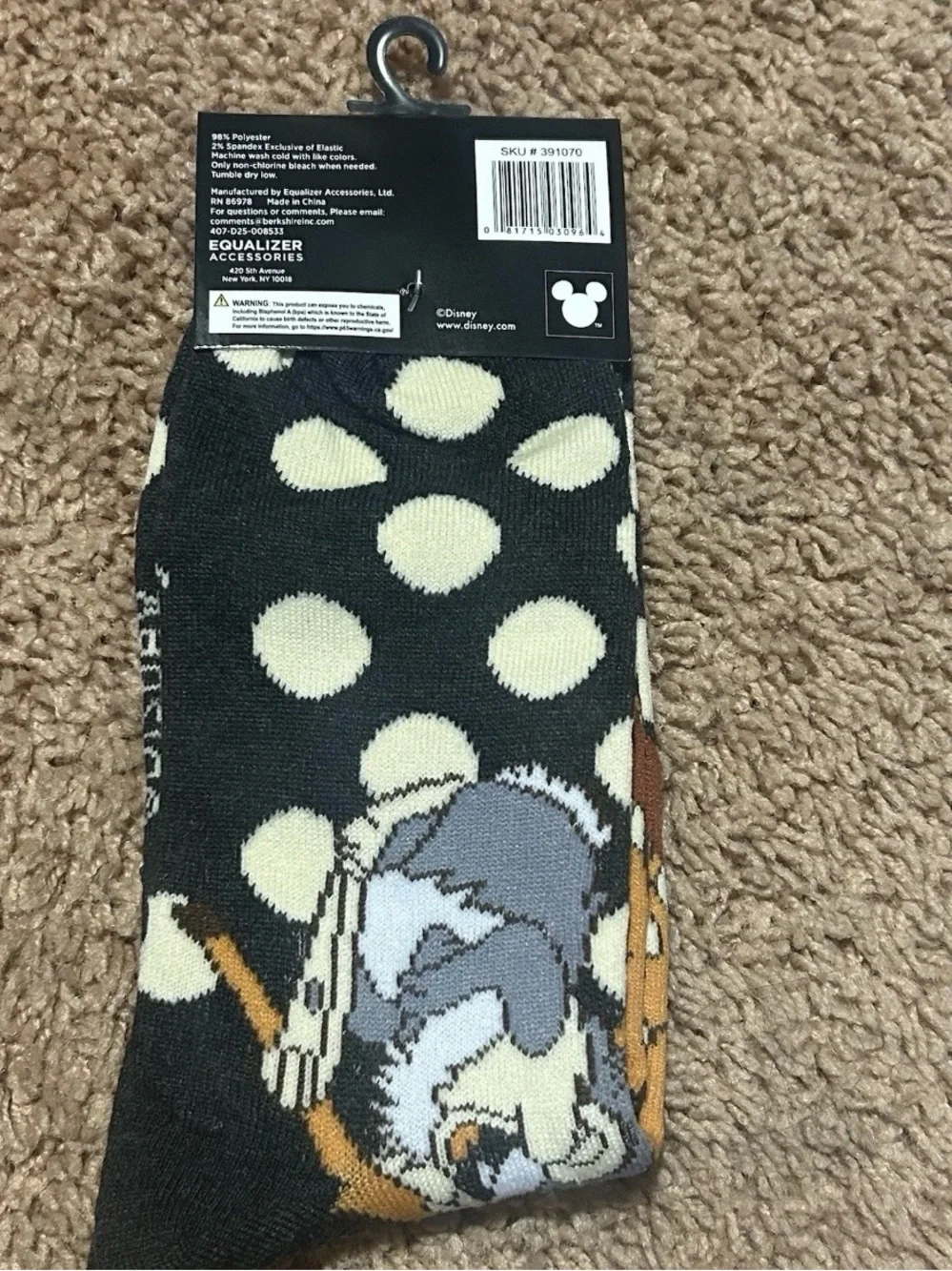 Disney Bambi Crew Socks NWT Size 9-13 Dark Gray Black w White Polka Dots